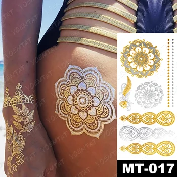 Nepremokavé Dočasné Tetovanie Nálepky Mandala Henna Zlato Náramok Strieborný Kovový Flash Tetovanie Boho Strany Šperky Lesk Body Art