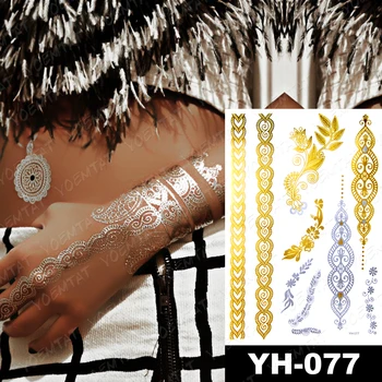 Nepremokavé Dočasné Tetovanie Nálepky Mandala Henna Zlato Náramok Strieborný Kovový Flash Tetovanie Boho Strany Šperky Lesk Body Art