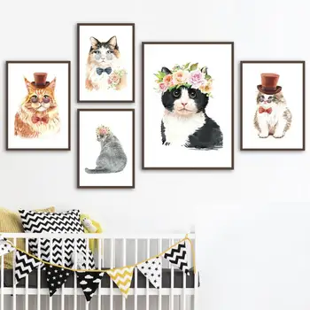 Kreslených Mačka S Klobúk Kitty Stenu Decor Plátno Na Maľovanie Nordic Plagát A Tlač Roztomilý Umenie Fotografie Pre Obývacia Izba Dekor
