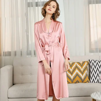 Ženy Hodváb Vaňa Rúcha Domáce oblečenie Letné Jar Roku 2020 Pink s Dlhým Rukávom Lady Hodvábny Župan Sleepwears oblečenie pre voľný čas XL