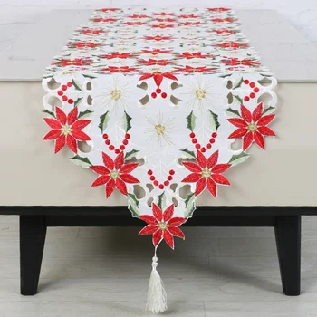 Vianočné Vyšívané Stolové Prestieranie Dekoratívne Kvetinový Tlač Obrus Dlhý Stôl Kryt pre Xmas Party Decor - 40x180cm (Červená)