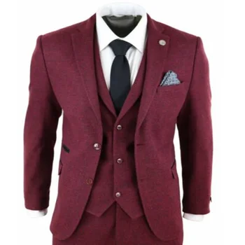 Pekný Pánske Obleky Víno Maroon Skontrolujte, 3 Ks Pričom Uhlopriečny Tweed Kostým Homme Vintage Prispôsobené Fit Oblek