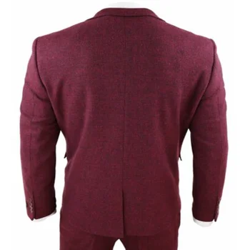 Pekný Pánske Obleky Víno Maroon Skontrolujte, 3 Ks Pričom Uhlopriečny Tweed Kostým Homme Vintage Prispôsobené Fit Oblek