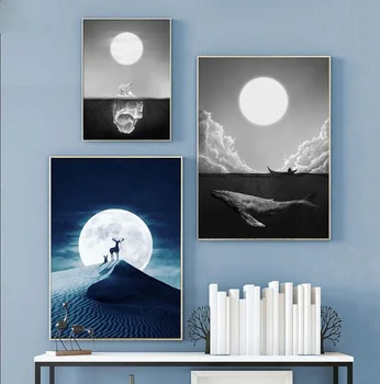Moderné Nástenné Dekorácie Obrázok Mesiac Nočné Zobrazenie Na Šírku Elk Medveď Zvieratá Plátno Umenia, Tlače, Plagát, Maľovanie Na Zdobenie