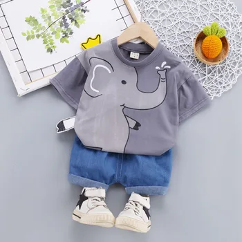 Roztomilý Dievčatá Oblečenie Cartoon slon Vytlačené Letné Tričko Denim Šortky Batoľa Deti Oblečenie Set sa Chlapec vyhovovali dojčenské Oblečenie