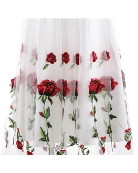 Nový Príchod Ruže Kvet Výšivky V krku Elegantné Šaty Skladaný Oka Prekrytie Kvetinový Biele Šaty Žien Vintage Šaty