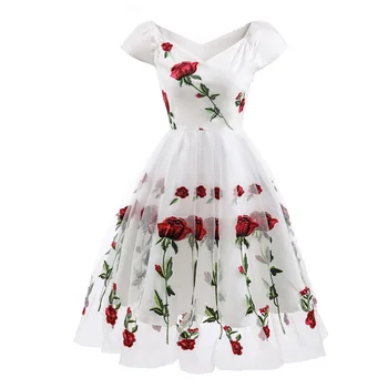 Nový Príchod Ruže Kvet Výšivky V krku Elegantné Šaty Skladaný Oka Prekrytie Kvetinový Biele Šaty Žien Vintage Šaty