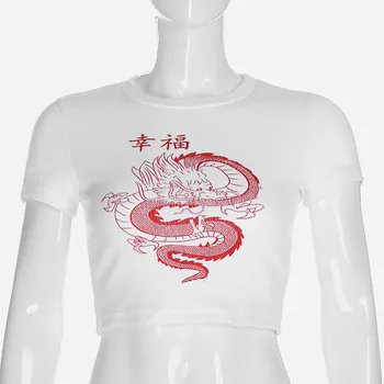 Womail Ženy Tričko Lete Biely Čínsky Znak, Drak Print T Shirt Bodycon Bežné T-Shirt Femme Streetwear Topy Tričko klub
