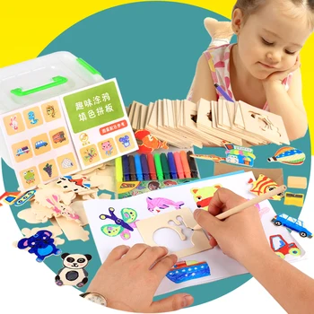 Dieťa farba nastaviť dreva, hádanky, maľovanky vzdelávacie Detská Kresba Hračky Sfarbenie Notebook drevené hračky mš dodávky Dieťa darček