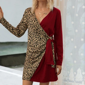 Dámske Dlhý Rukáv Sexy Zábal tvaru Šaty Leopard Patchwork Uviazať Uzol Clubwear M5TE