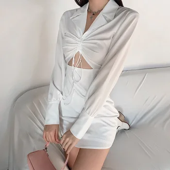 Jeseň Módy Sexy Duté Z Šnúrkou Obväz Pevné Mini Šaty Žien Streetwear Bežné Bodycon Šaty Žena 2020 Nové