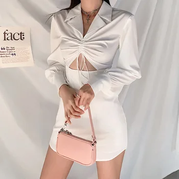 Jeseň Módy Sexy Duté Z Šnúrkou Obväz Pevné Mini Šaty Žien Streetwear Bežné Bodycon Šaty Žena 2020 Nové