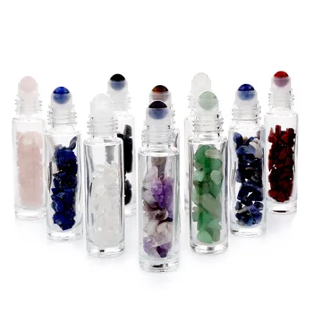 10 ml Prírodný Drahokam Esenciálny Olej Valca Loptu Fľaše Transparentné Parfumy, Olej, Kvapaliny Prejdite Na Fľaše S Krištáľovo Čipy