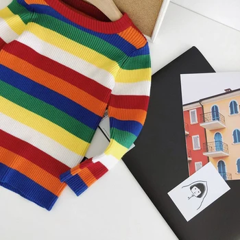 2019 Jeseň Zima Baby Chlapci, Dievčatá Sveter Rainbow Prúžok Pletené Svetre Deti Oblečenie Chlapci Dievčatá Pulóver Multicolor Svetre