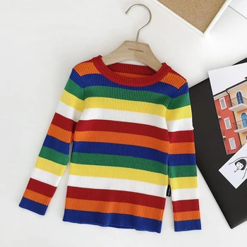2019 Jeseň Zima Baby Chlapci, Dievčatá Sveter Rainbow Prúžok Pletené Svetre Deti Oblečenie Chlapci Dievčatá Pulóver Multicolor Svetre