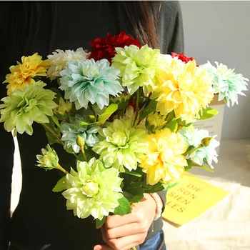 3 Hlavy Dahlias Umelé Kvety Hodváb Daisy Chryzantéma DIY Záhradné Dekorácie Živé Falošné Kvet a List Svadobné Party Jeseň