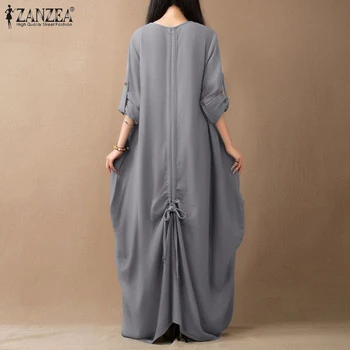2021 Jeseň Dlhý Rukáv Maxi Sundress ZANZEA Elegantné Pevné Šnúrkou Kaftan Ženy Bežné Šaty Vestidos Ženské Šaty Plus Veľkosť