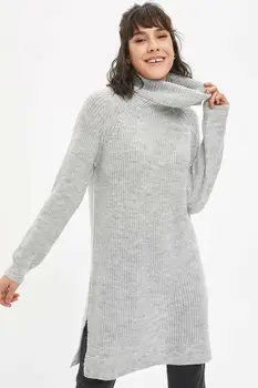 Ženy Šedá Turtleneck Knitwear Tunik Fashion top dlhý rukáv obyčajný bavlna letné zimné bežné nosenie 2020 2021