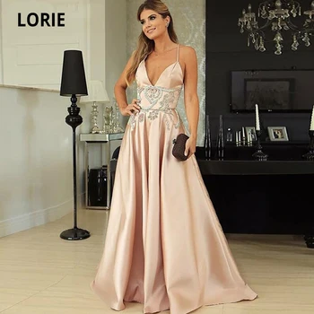 Lorie Šampanské Satén s korálkami Prom Šaty pre Ženy Formálne Večerné Šaty bez Rukávov tvaru Backless Party Šaty 2020
