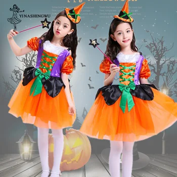 Halloween Cosplay Kostým Tekvica Elf Šaty Deti Halloween Zdobiť Prom Šaty Dievča Elf Oblečenie Čarodejnice Cosplay Detí Šaty