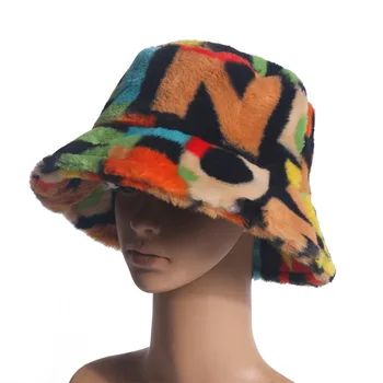 Móda Hip Hop Vonkajšie Multicolor Rainbow ovčej vlny List Vzor Vedierko Hat pre Ženy Zimné Mäkké Teplé Klobúk