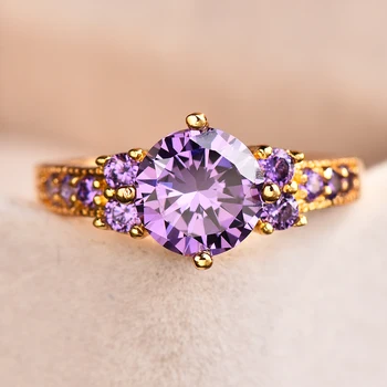 Elegantné Ženy Fialová Crystal Kamenný Kruh Kúzlo Zlatá Farba Tenké Snubné Prstene Pre Ženy, Luxusné Okrúhly Zirkón Zásnubný Prsteň