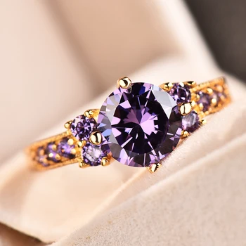 Elegantné Ženy Fialová Crystal Kamenný Kruh Kúzlo Zlatá Farba Tenké Snubné Prstene Pre Ženy, Luxusné Okrúhly Zirkón Zásnubný Prsteň
