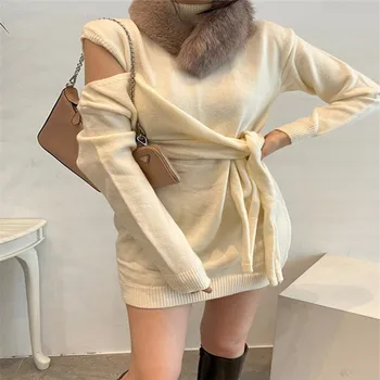 2021 skoro na jar jednoduché tuhé turtleneck basic sveter šaty belted ostrihané pevné elegantný sveter all-zápas základné zimné šaty