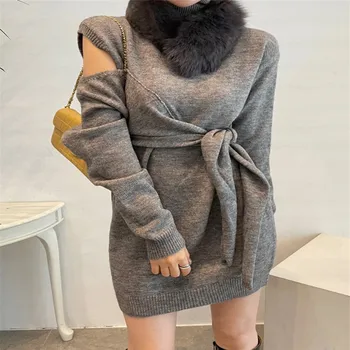 2021 skoro na jar jednoduché tuhé turtleneck basic sveter šaty belted ostrihané pevné elegantný sveter all-zápas základné zimné šaty