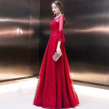 Červené víno O Krk Riadok Pol rukávy Luxusnej Čipky Večerné Šaty Strany Vestido De Festa formálne šaty pre Ženy