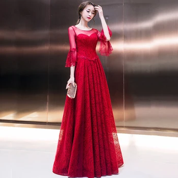 Červené víno O Krk Riadok Pol rukávy Luxusnej Čipky Večerné Šaty Strany Vestido De Festa formálne šaty pre Ženy