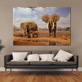 Afrika prírody savannah voľne žijúcich zvierat slony KC360 obývacia izba domov steny moderného umenia dekor drevo rám textílie plagát