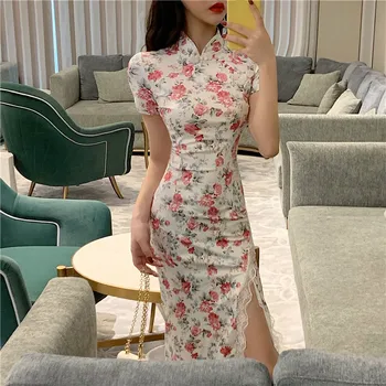 Nové 2020 Čínsky Štýl Šaty pre Ženy Elegantný Kvetinový Tlač Qipao Šaty Vestidos Strany Svadobné Šaty, Sexy Čipka Split Cheongsam