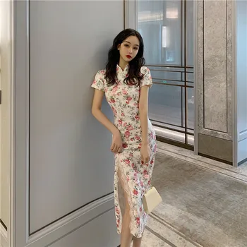 Nové 2020 Čínsky Štýl Šaty pre Ženy Elegantný Kvetinový Tlač Qipao Šaty Vestidos Strany Svadobné Šaty, Sexy Čipka Split Cheongsam