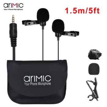 ARIMIC Dual-na Čele Lavalier Klope Clip-on Všesmerového Mikrofón Mic Kábel 1,5 m pre Smartphone pre Canon, Nikon DSLR Fotoaparát