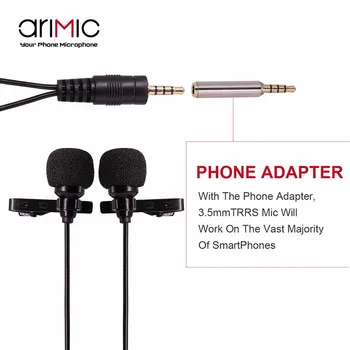 ARIMIC Dual-na Čele Lavalier Klope Clip-on Všesmerového Mikrofón Mic Kábel 1,5 m pre Smartphone pre Canon, Nikon DSLR Fotoaparát