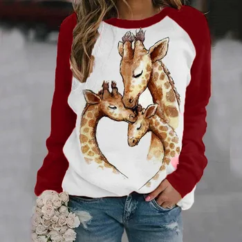2021 Jar a na Jeseň Nové Európske a Americké Bežné dámske Topy Kolo Krku Žirafa Tlač Dlhým Rukávom T-Shirt