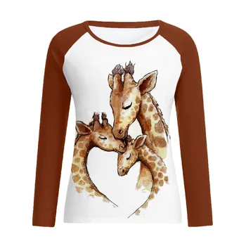 2021 Jar a na Jeseň Nové Európske a Americké Bežné dámske Topy Kolo Krku Žirafa Tlač Dlhým Rukávom T-Shirt