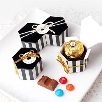 10pcs Mini Prúžok/Čierne Bodky Samoopaľovacie Farba Hexagon Čokoláda Box, Kartón Dragee Candy Box Pečenie Package Svadobné Mariage Deco