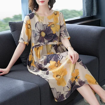 Letný trhák hodvábne šaty žena nový high-end voľné veľké metrov han vydanie vytlačené hodvábne šaty