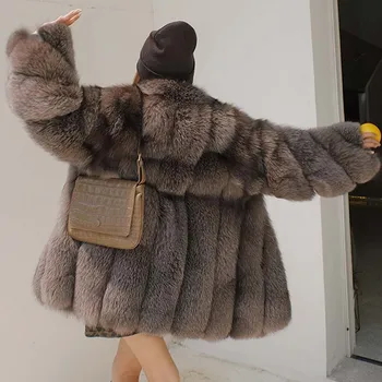 2020 Nové Reálne kožušinový kabát Ženy Módne Zimné Prúžok Rezanie Vybavený Elegantný Fox Kožušiny Načechraný Zahustiť Luxusný Kabát Žena Mäkké
