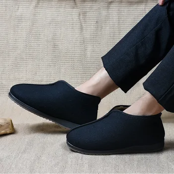 Klasické látkové topánky zimné nové pánske bavlnené topánky hrubé non-slip otec topánky v strednom veku a staré retro ploché zvyšok topánky