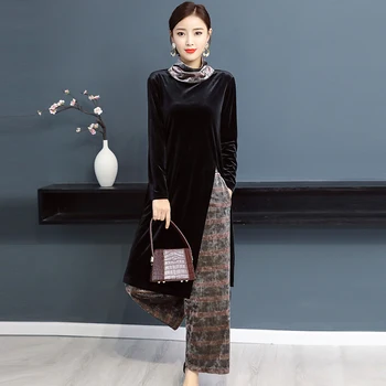 Ázia & Pacific ženy oblečenie velvet Kórea štýl Top+Nohavice sady jar jeseň vyhovovali orientálna vestido elegantné Ázia etnických kostým