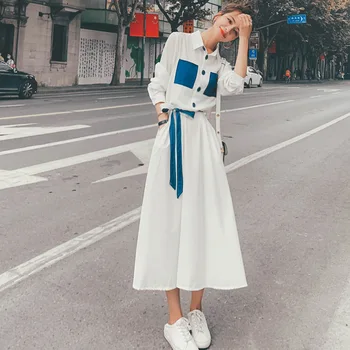 Biela francúzske Tričko Oblečenie dámske 2021 Jarné Módne Vysoký Pás Klope Obväz Dlhý Rukáv Plus Veľkosť Vintage Maxi Šaty Neurčená