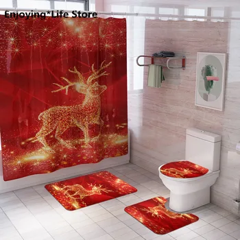 Vianočné Jeleň Sprchovací Záves, Koberec Mat Zmes Kúpeľňa Wc Mat Kúpeľňa Opony Nastaviť Kúpeľňa Koberce a Rohože Sada
