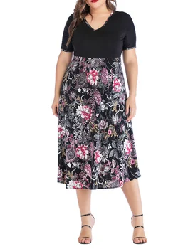Bavlna Plus Veľkosť jednodielne Šaty Nové 2019 Módne Dámske Vytlačené Čierne Šaty Dámske Elegantné 4xl 5xl Kvetinový Letné Šaty Vestidos