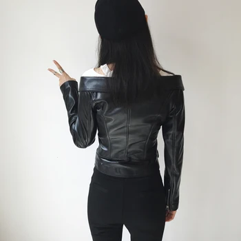 2019 Ženy Sexy Mimo Rameno Krátke Ovčej Originálne Kožené Bundy Slim Motocykel Reálnom Kožené Bundy Kabáty Streetwear