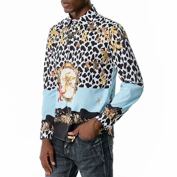 Mens Leopard Tlačené Šaty, Košele 2021 Luxusné Barokové Kvetinový Tlačidlo Hore Tričko Mužov Slim Fit Dlhý Rukáv Streetwear Bežné Tričko