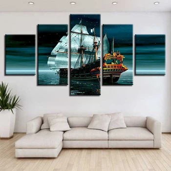 Modulárny Plátno Obrázkov Vytlačí Plagát Na Stenu Umenie Domova 5 Kusov Loď Na Mori Obrazy Hviezdna Obloha Nočná Scéna Maľovanie