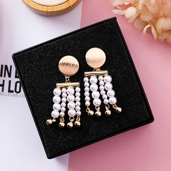 White pearl stud náušnice zlaté loptu ručné dlhý strapec kreslenie kus elegantné módne šperky pre ženy